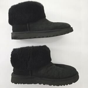 UGG Classic Black Mini Fluff  Shearling Collar Ankle Bootie, Sz 8, Style 1106757